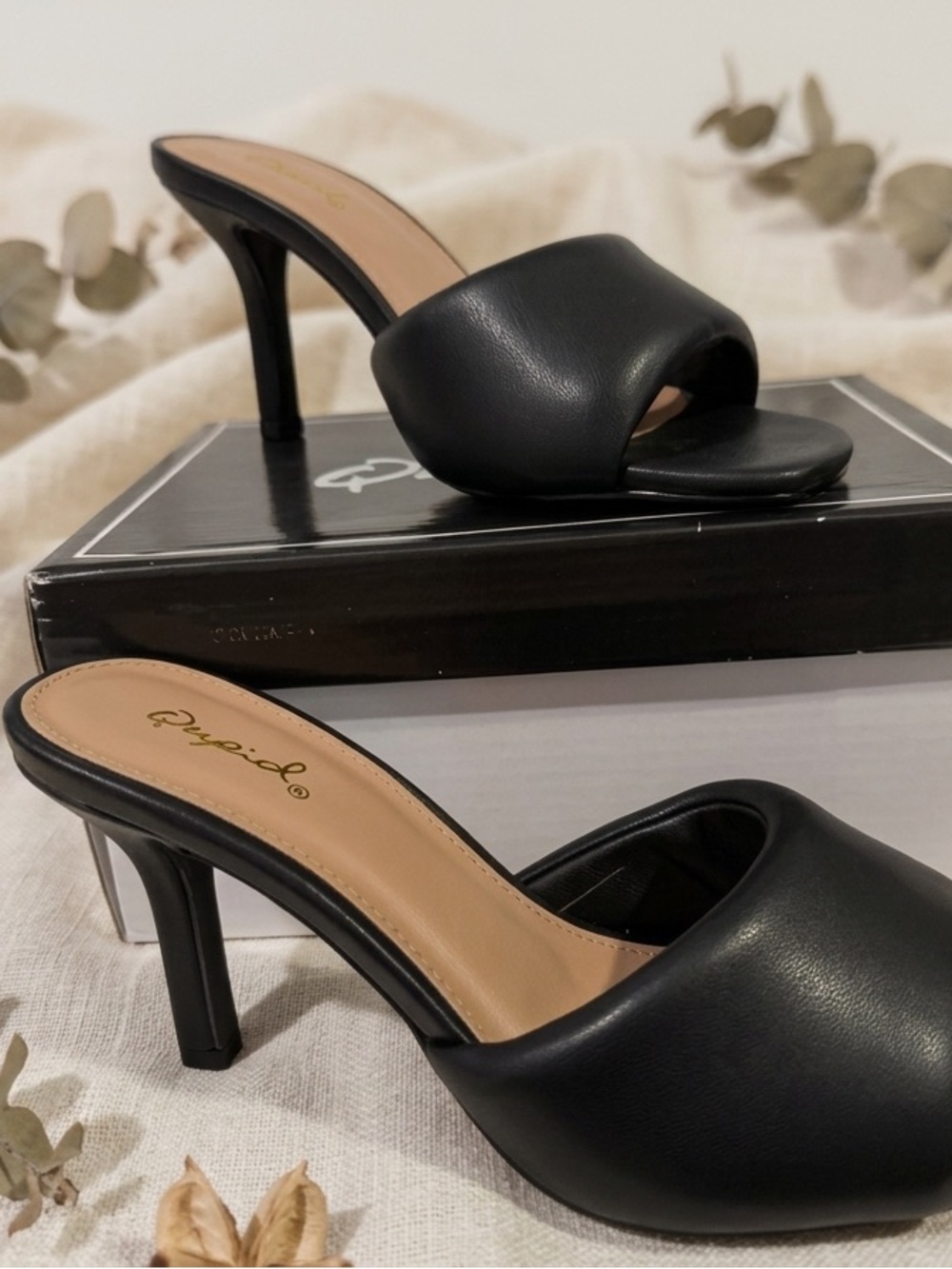 Qupid Black Open-Toe Leatherette Mule Heels